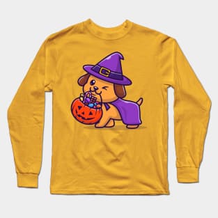 Cute Wizard Dog Bring Pumpkin Halloween Cartoon Long Sleeve T-Shirt